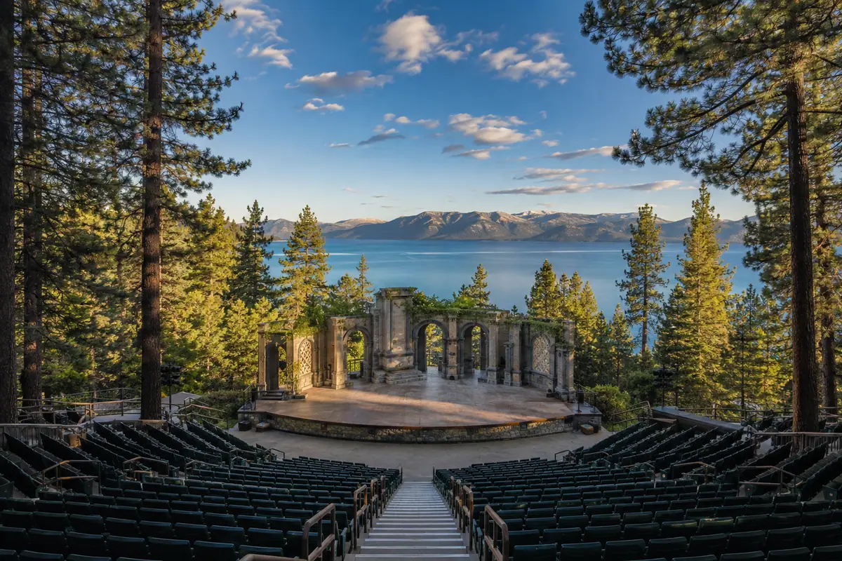 Photoreal open-air Lake Tahoe Shakespeare Festival stage beside the lake