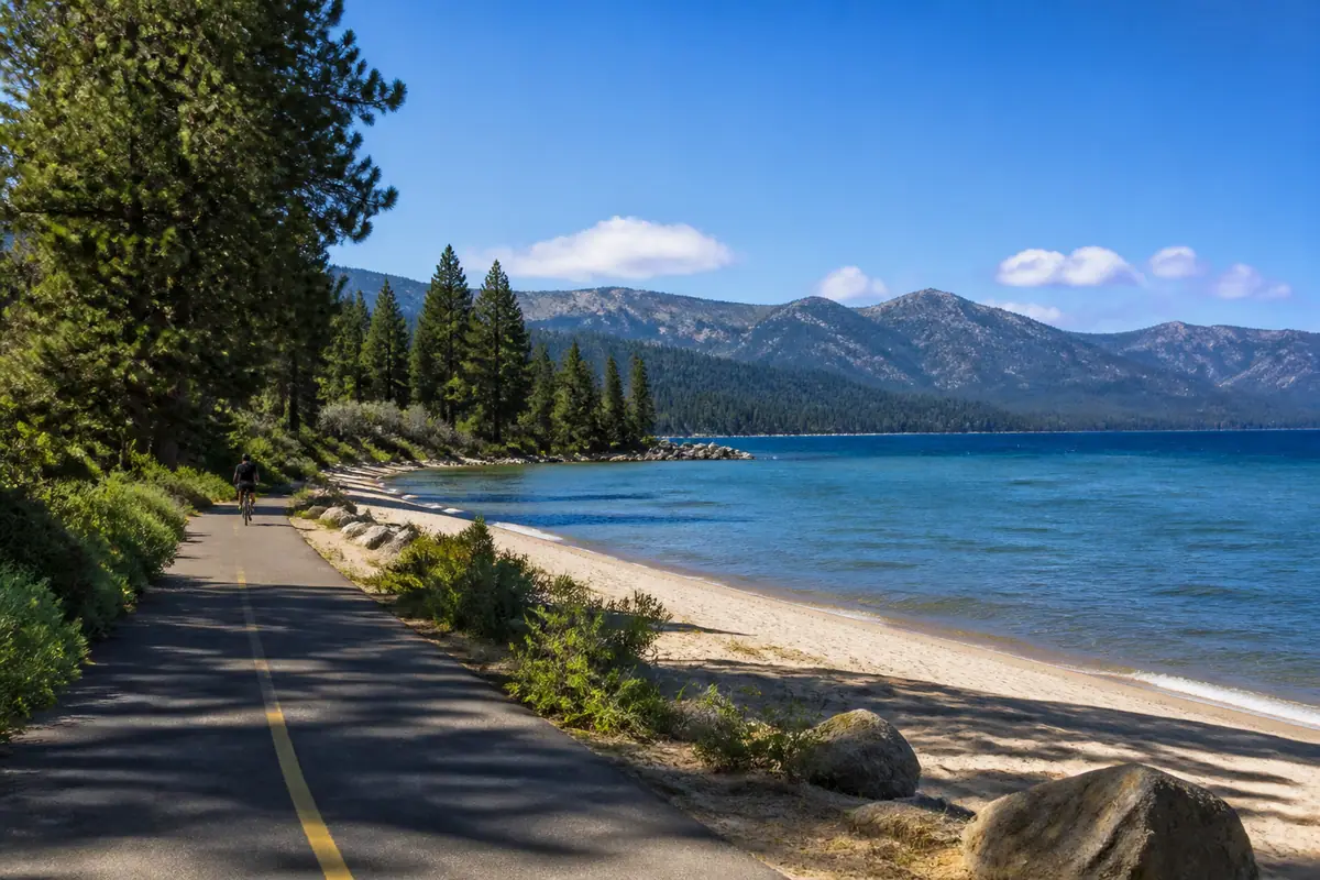 Photorealistic travel-editorial view of Pope Beach and Bike Path in South Lake Tahoe, California