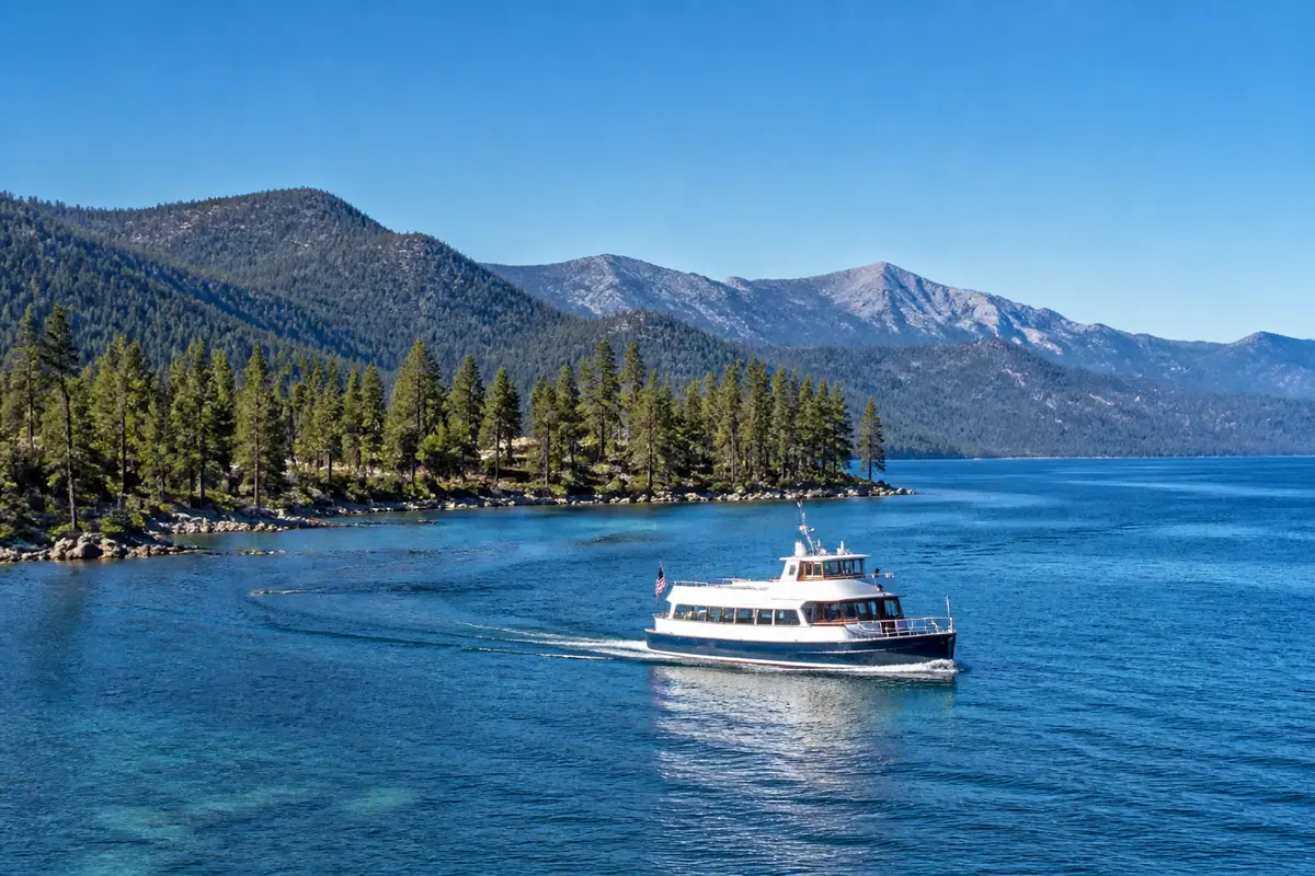 Photorealistic travel-editorial view of South Lake Tahoe Boat Cruise in South Lake Tahoe, California