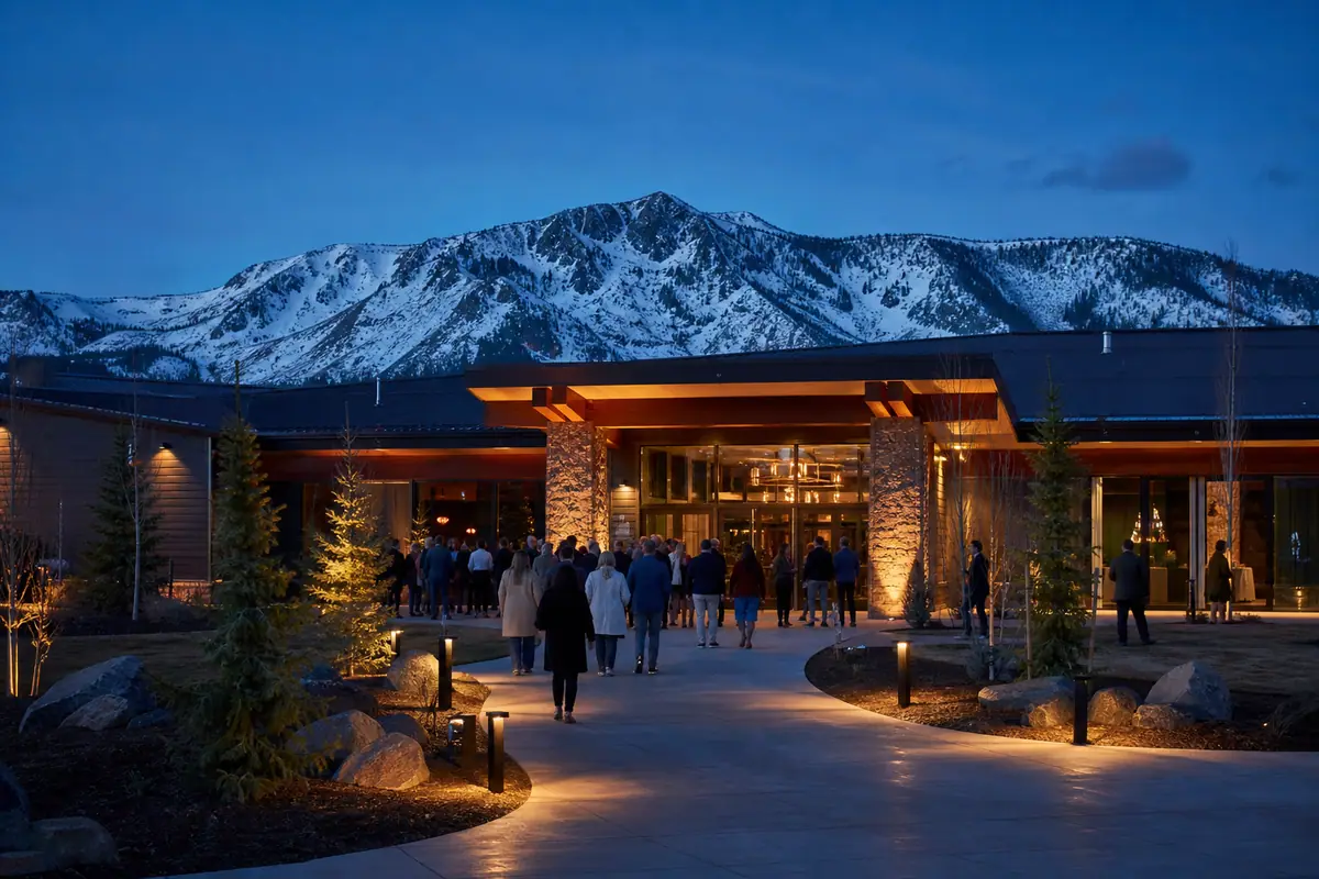 Photorealistic travel-editorial view of Tahoe Blue Event Center in South Lake Tahoe, California