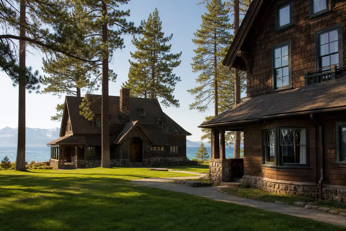 Photorealistic travel-editorial view of Tallac Historic Site in South Lake Tahoe, California