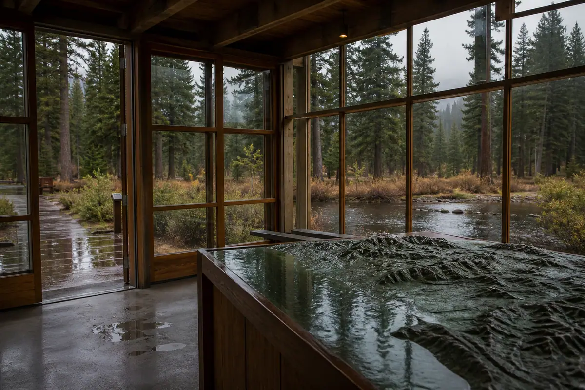 Photorealistic travel-editorial view of Taylor Creek Visitor Center in South Lake Tahoe, California
