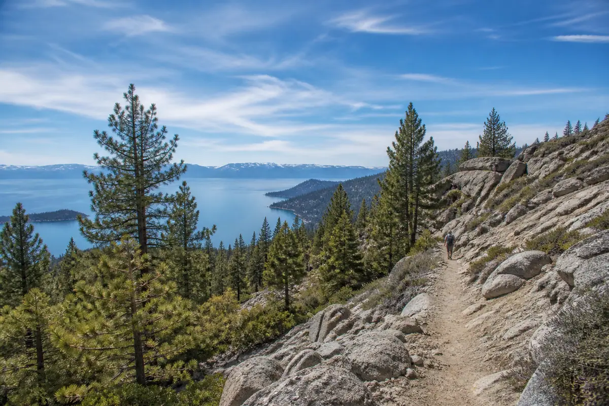 Photorealistic travel-editorial view of Van Sickle Bi-State Park in South Lake Tahoe, California