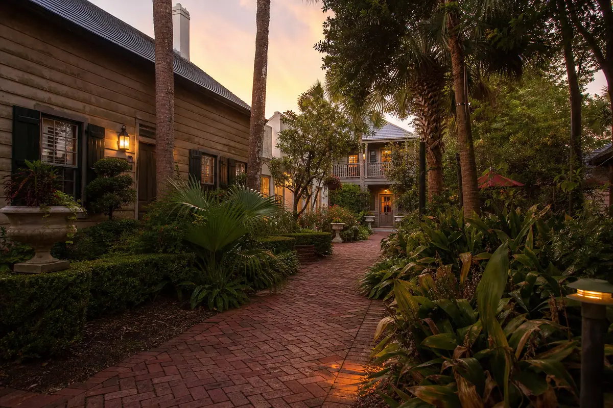 Photoreal travel-editorial view of The Collector Luxury Inn & Gardens in St. Augustine, Florida