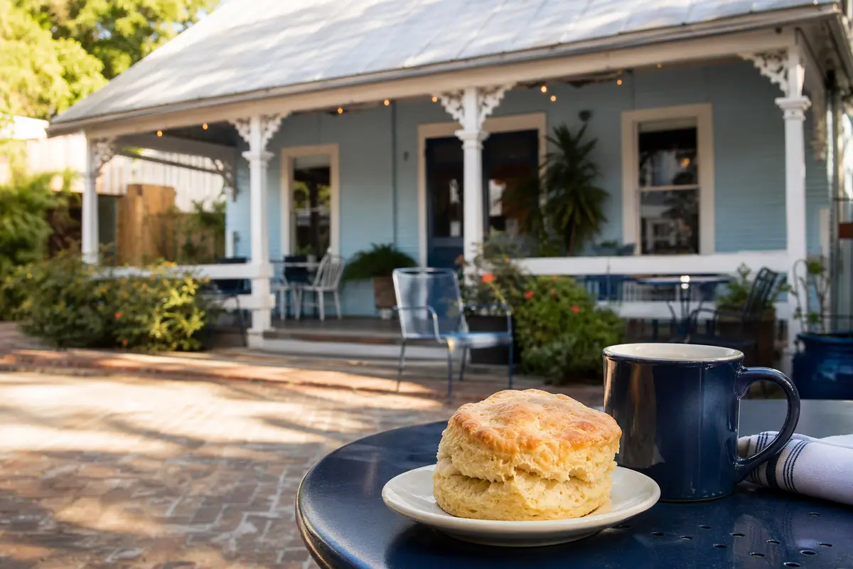 Photoreal travel-editorial view of The Blue Hen Café in St. Augustine, Florida