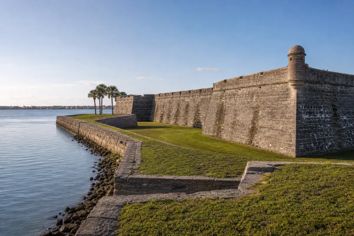Photoreal travel-editorial view of Castillo de San Marcos National Monument in St. Augustine, Florida