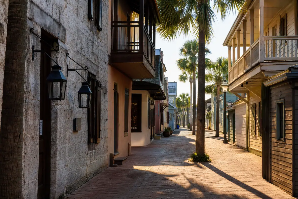 Photoreal travel-editorial view of St. George Street in St. Augustine, Florida