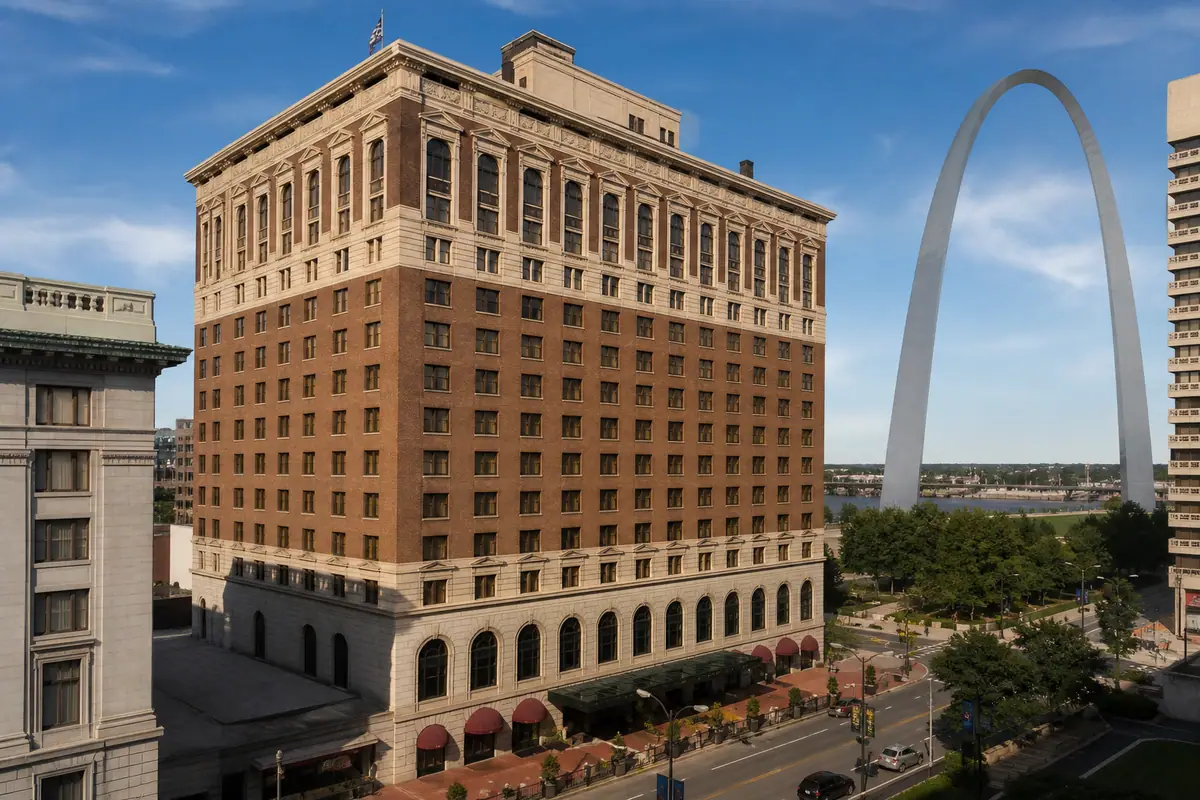 Photoreal travel-editorial view of Drury Plaza Hotel St. Louis at the Arch in St. Louis, Missouri