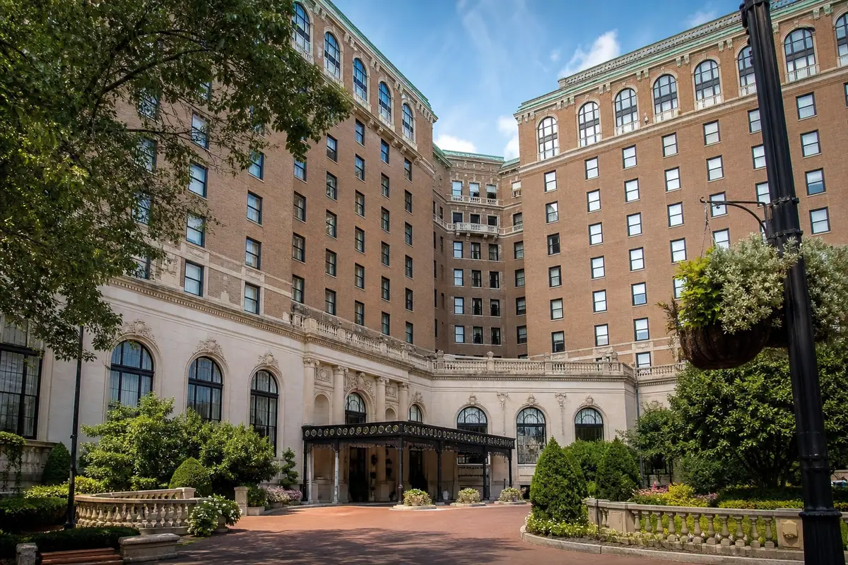 Photoreal travel-editorial view of The Royal Sonesta Chase Park Plaza in St. Louis, Missouri