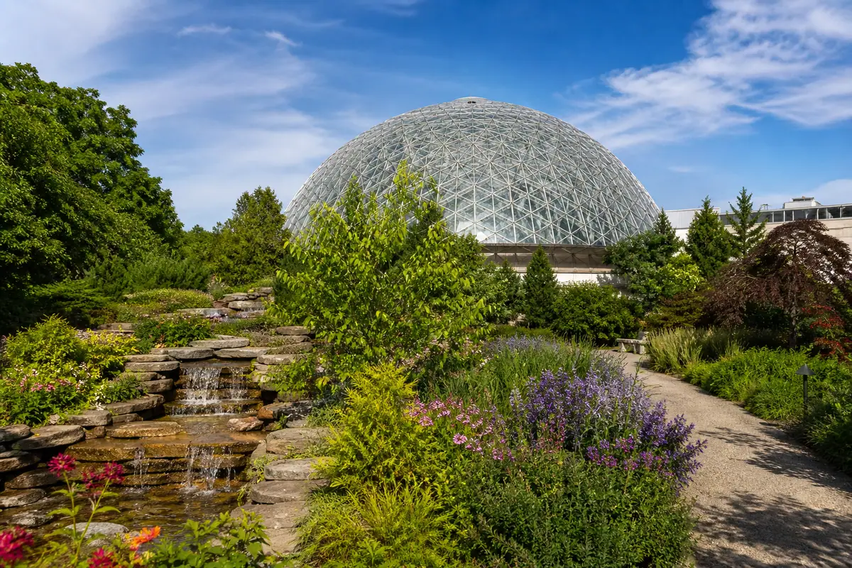 Photoreal travel-editorial view of Missouri Botanical Garden in St. Louis, Missouri