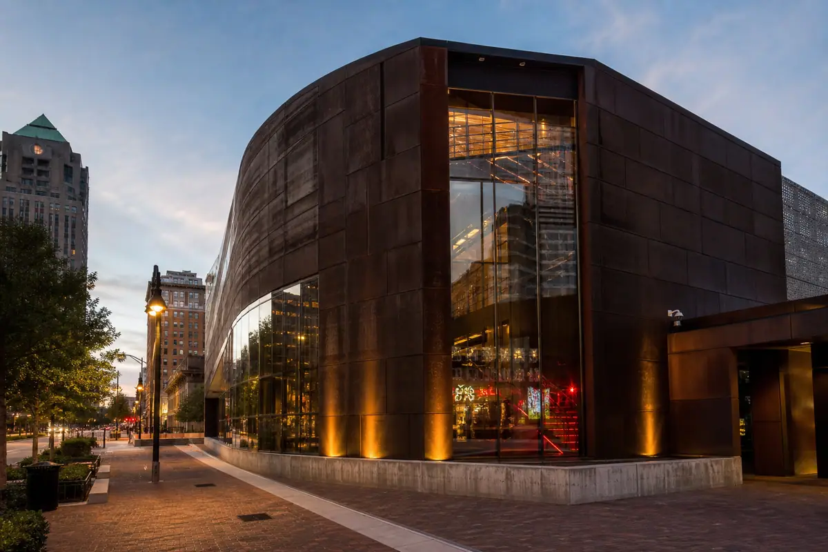 Photoreal travel-editorial view of National Blues Museum in St. Louis, Missouri