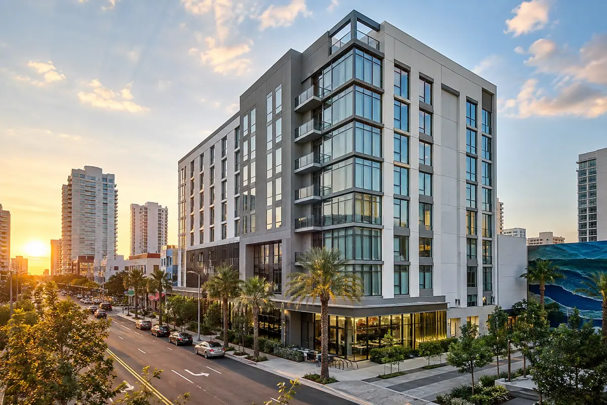 Photoreal travel-editorial view of AC Hotel St. Petersburg Downtown in St. Petersburg, Florida