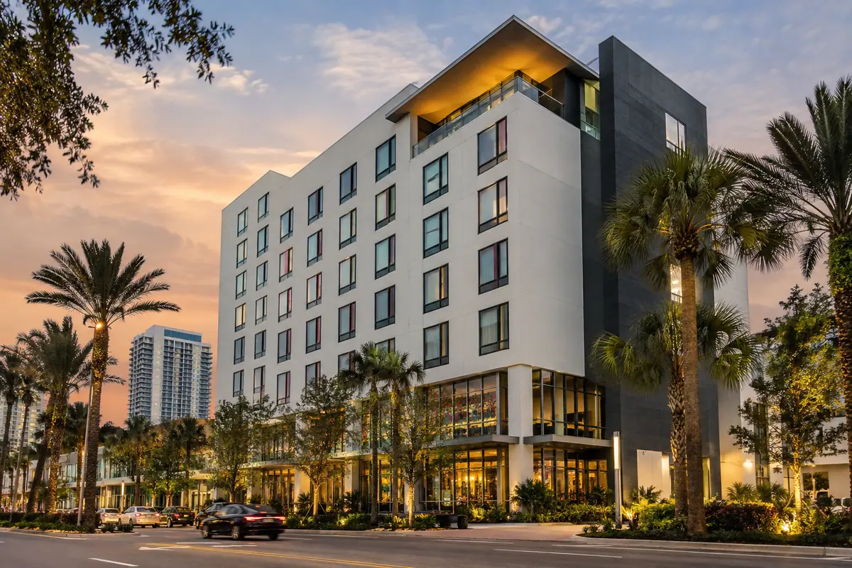 Photoreal travel-editorial view of Moxy St. Petersburg Downtown in St. Petersburg, Florida