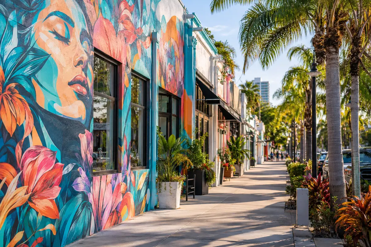 Photoreal travel-editorial view of Central Avenue mural walk in St. Petersburg, Florida