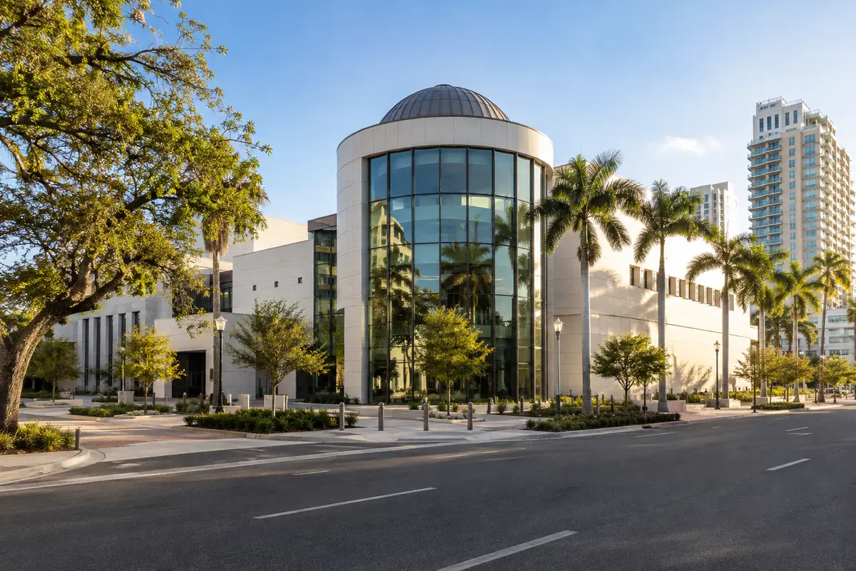 Photoreal travel-editorial view of Florida Holocaust Museum in St. Petersburg, Florida