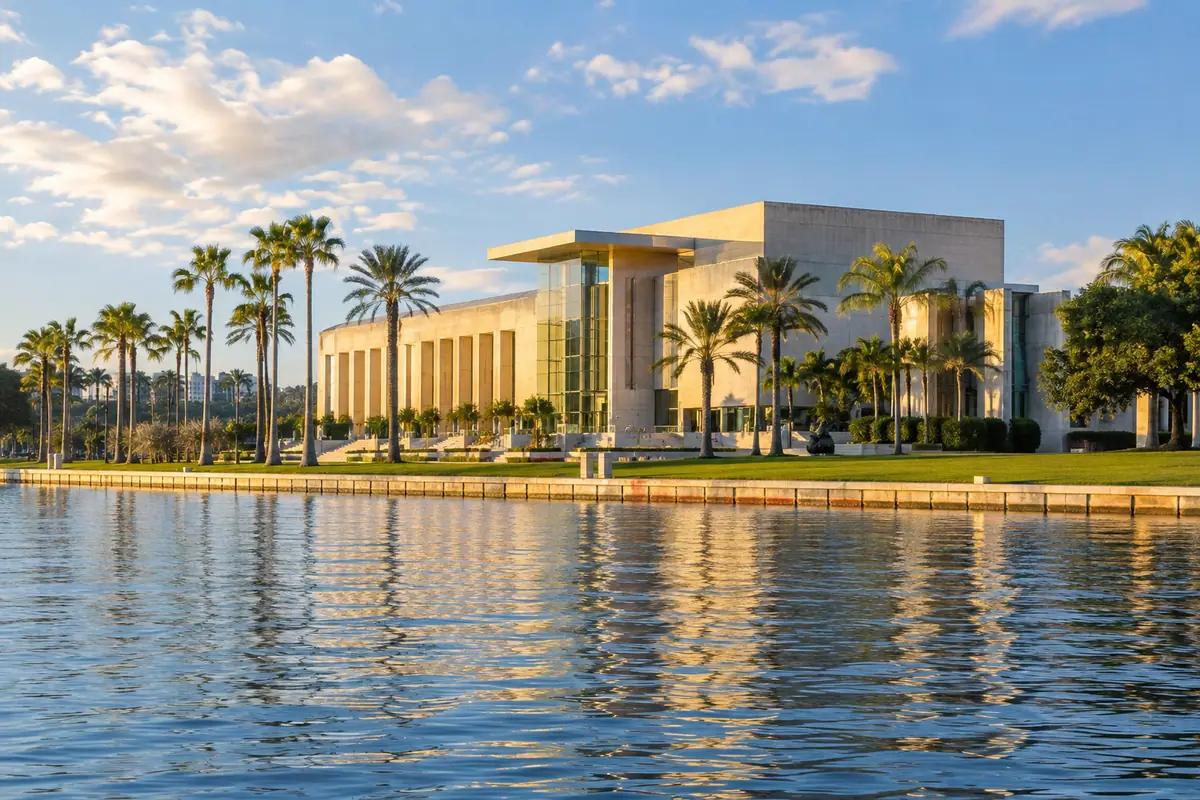 Photoreal travel-editorial view of Museum of Fine Arts, St. Petersburg in St. Petersburg, Florida