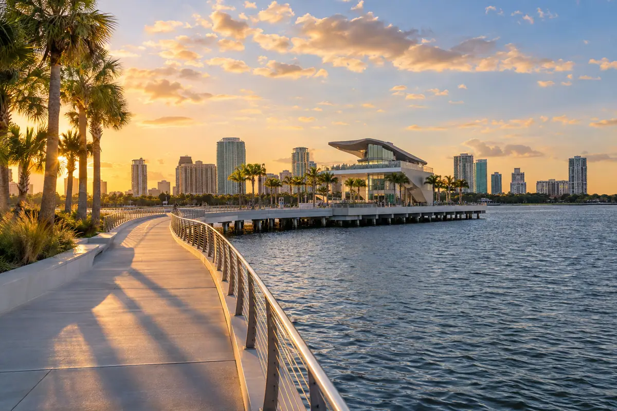 Photoreal travel-editorial view of St. Pete Pier in St. Petersburg, Florida