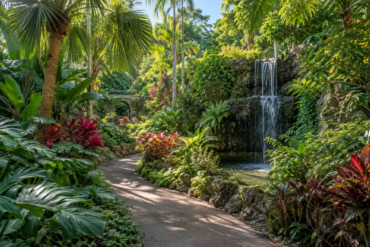 Photoreal travel-editorial view of Sunken Gardens in St. Petersburg, Florida