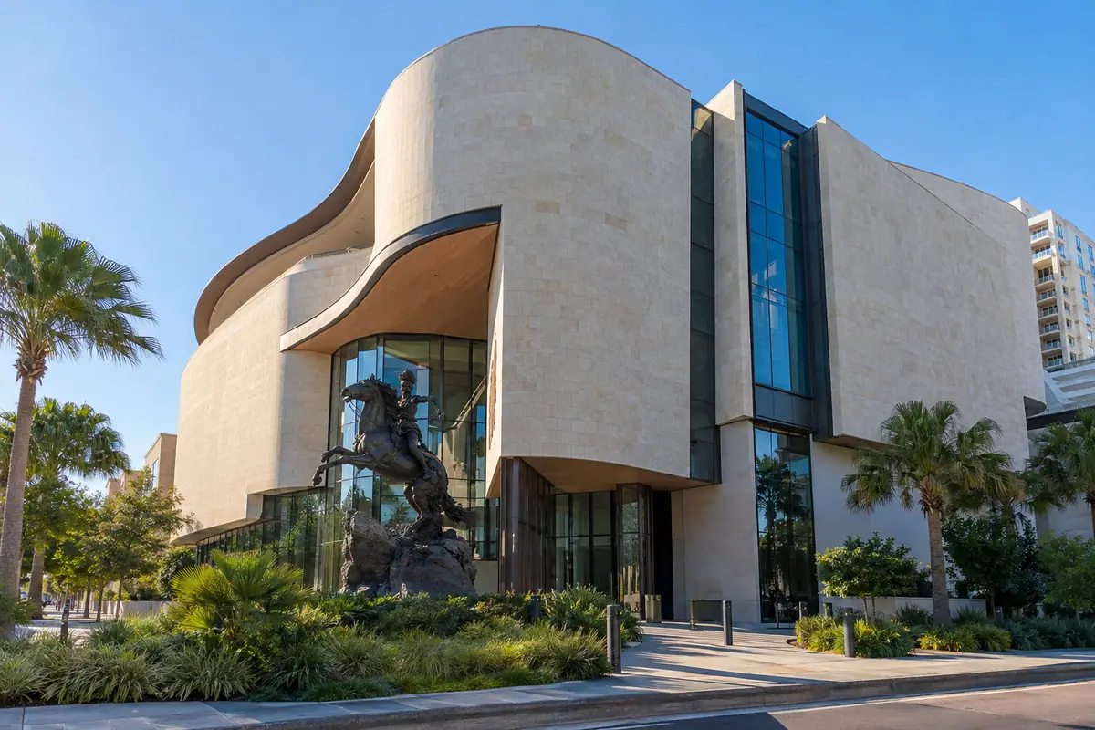Photoreal travel-editorial view of The James Museum of Western & Wildlife Art in St. Petersburg, Florida