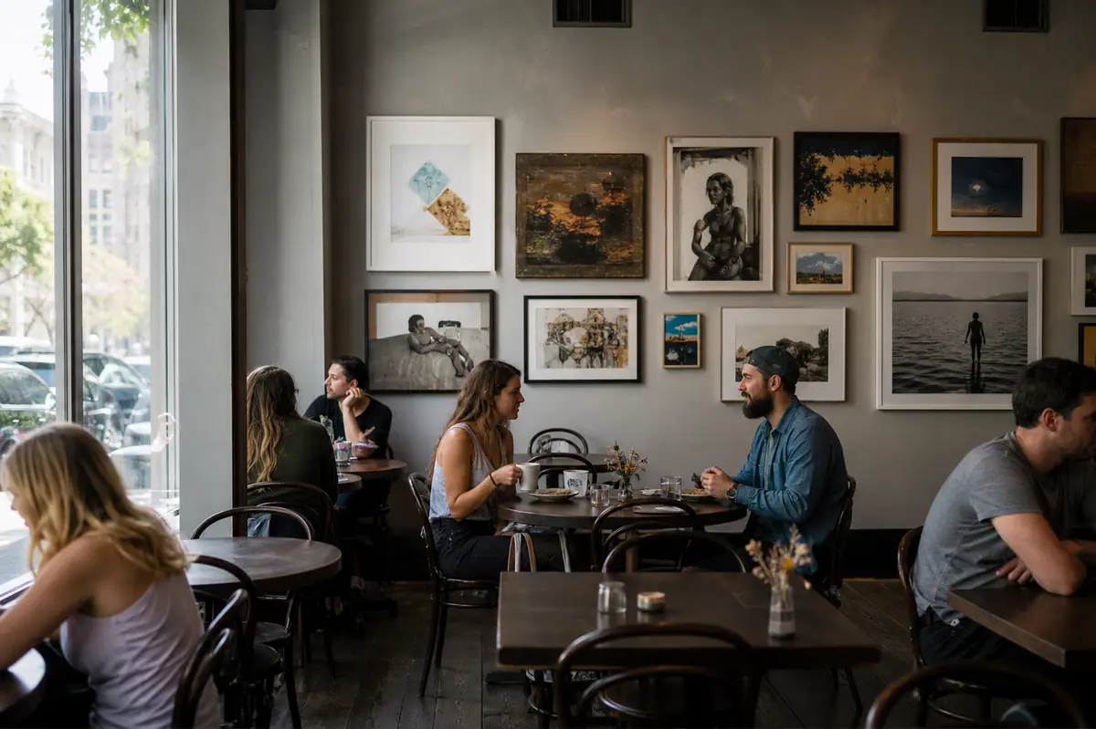 Photoreal travel-editorial dining scene representing Cafe Hey in Tampa