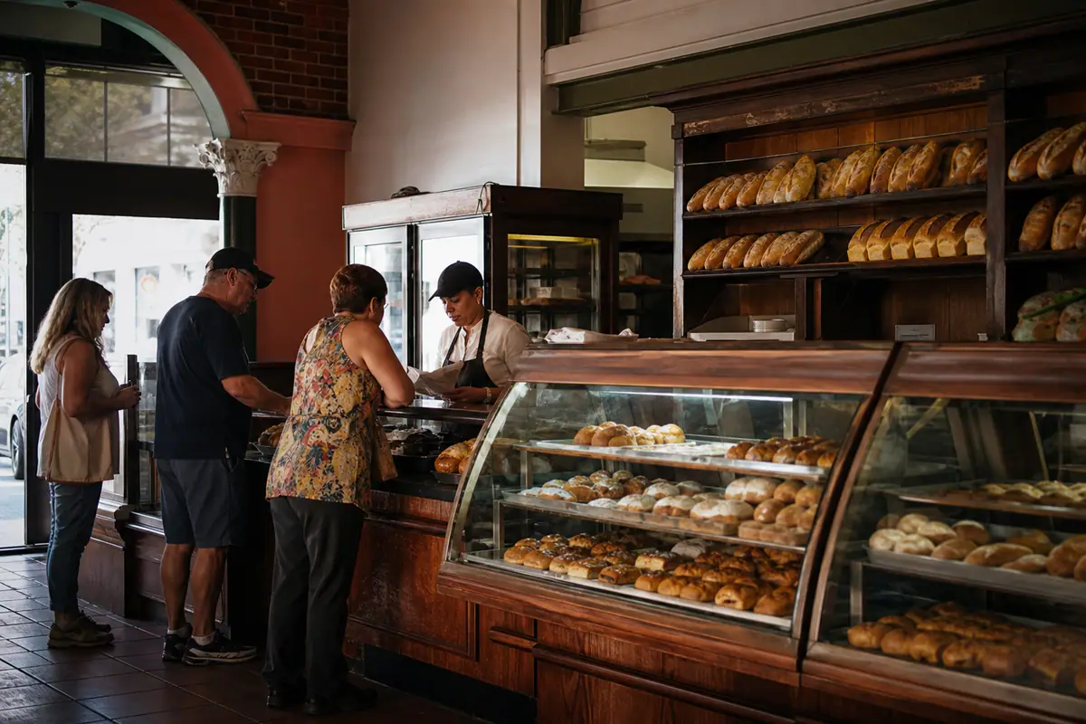 Photoreal travel-editorial dining scene representing La Segunda Central Bakery in Tampa
