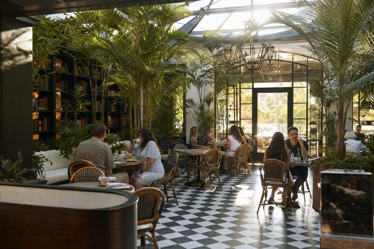 Photoreal travel-editorial dining scene representing Oxford Exchange in Tampa