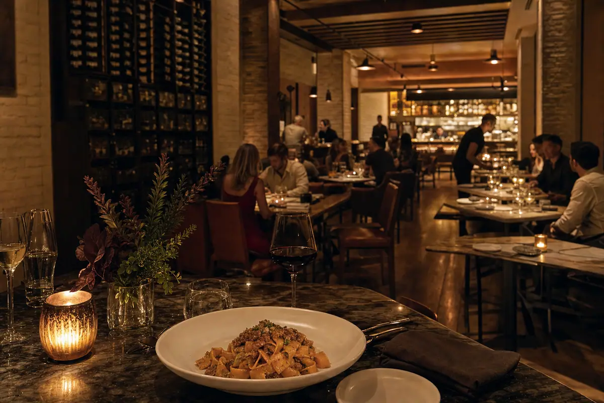 Photoreal travel-editorial dining scene representing Rocca in Tampa