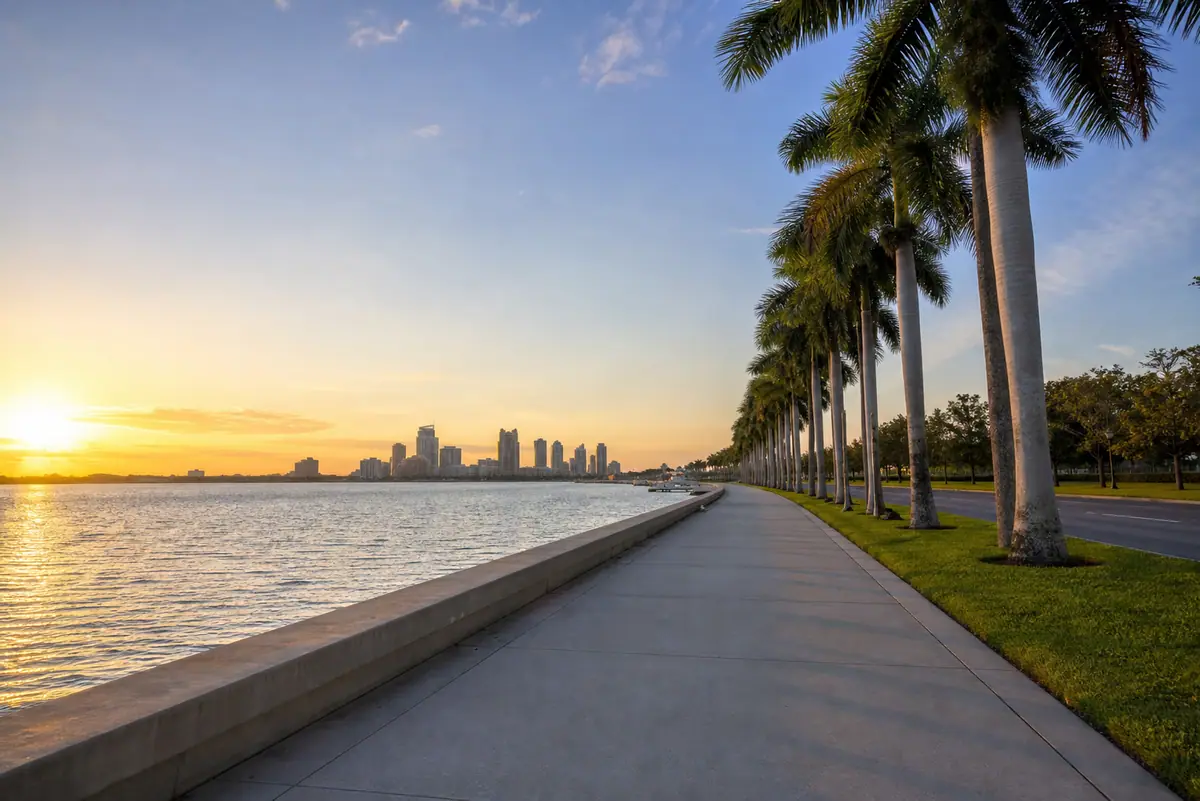 Photoreal travel-editorial scene representing Bayshore Boulevard in Tampa