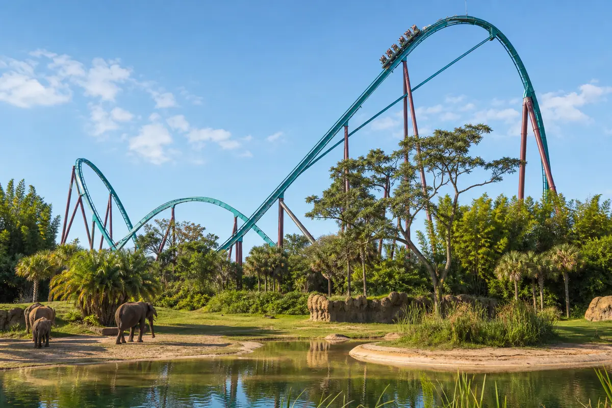 Photoreal travel-editorial scene representing Busch Gardens Tampa Bay in Tampa