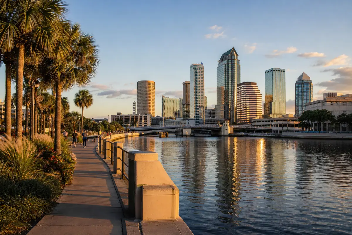 Photoreal travel-editorial scene representing Tampa Riverwalk in Tampa