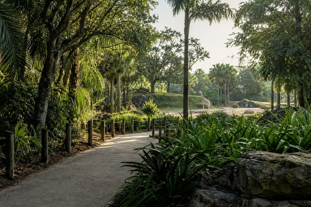 Photoreal travel-editorial scene representing ZooTampa at Lowry Park in Tampa