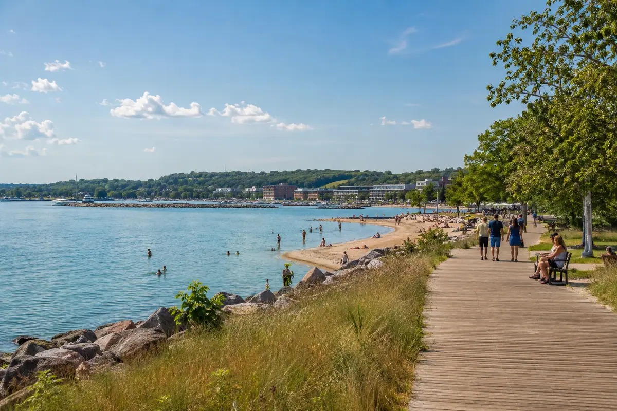 Travel-editorial view of Clinch Park and West Grand Traverse Bay in Traverse City, Michigan