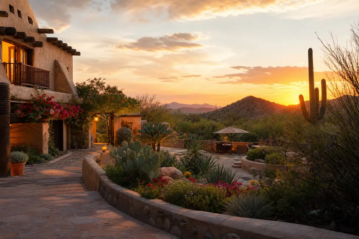 Photoreal travel-editorial view of Hacienda del Sol Guest Ranch Resort in Tucson, Arizona