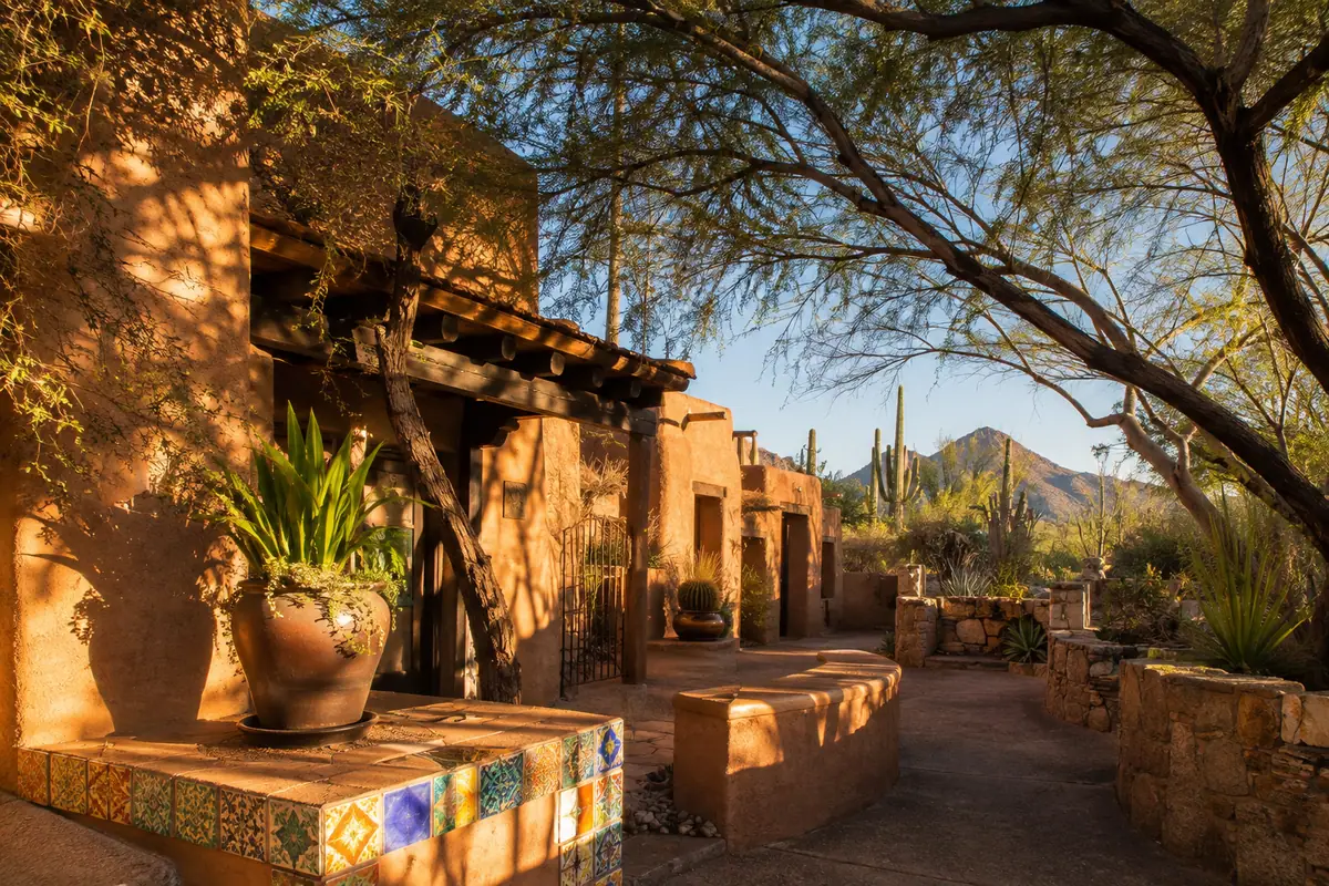 Photoreal adobe courtyard at DeGrazia Gallery in the Sun in Tucson