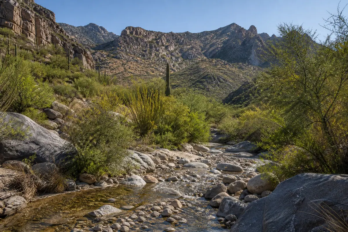 Photoreal travel-editorial view of Sabino Canyon Recreation Area in Tucson, Arizona