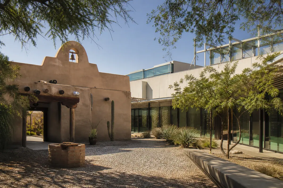 Photoreal travel-editorial view of Tucson Museum of Art in Tucson, Arizona