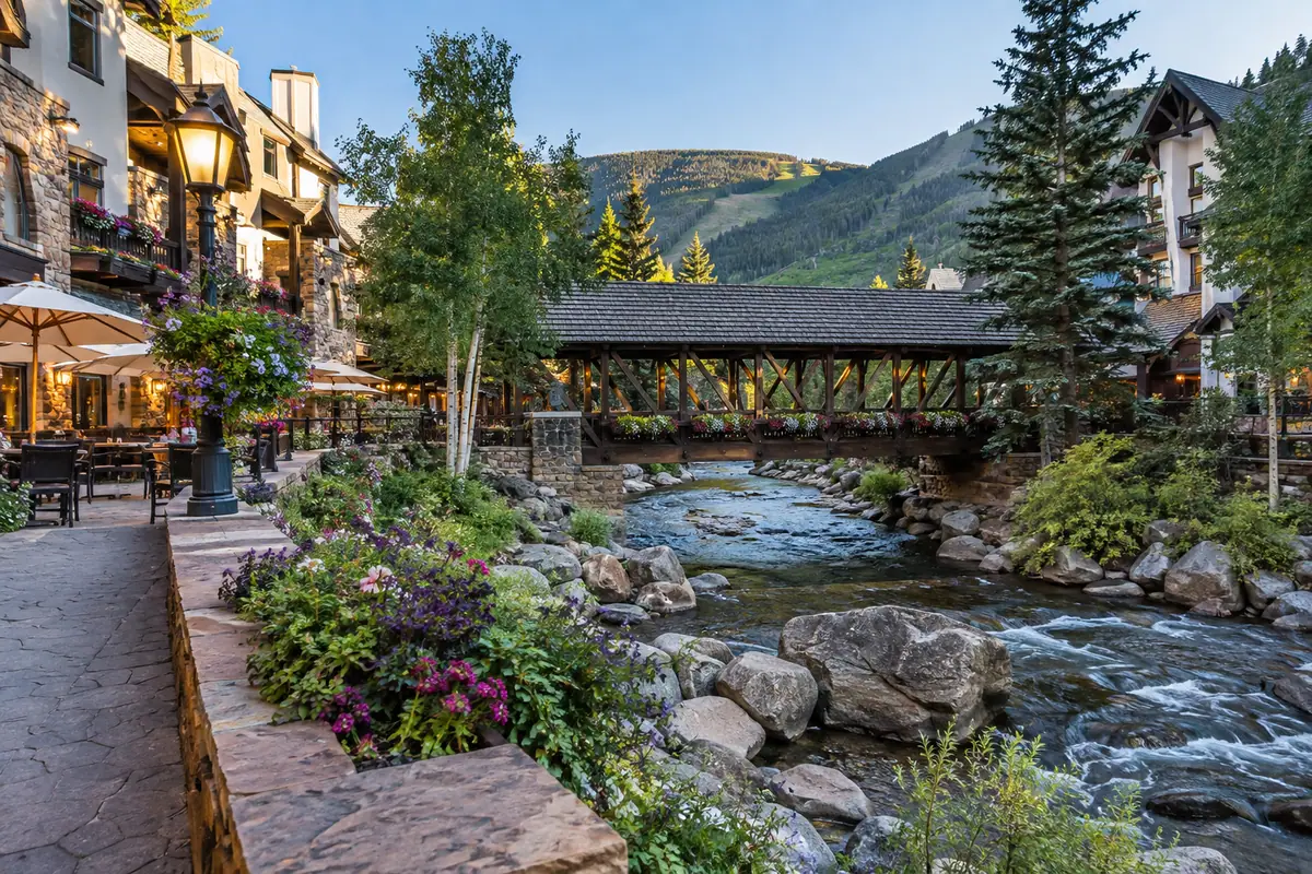 Travel-editorial view of Vail Village and Covered Bridge in Vail, Colorado