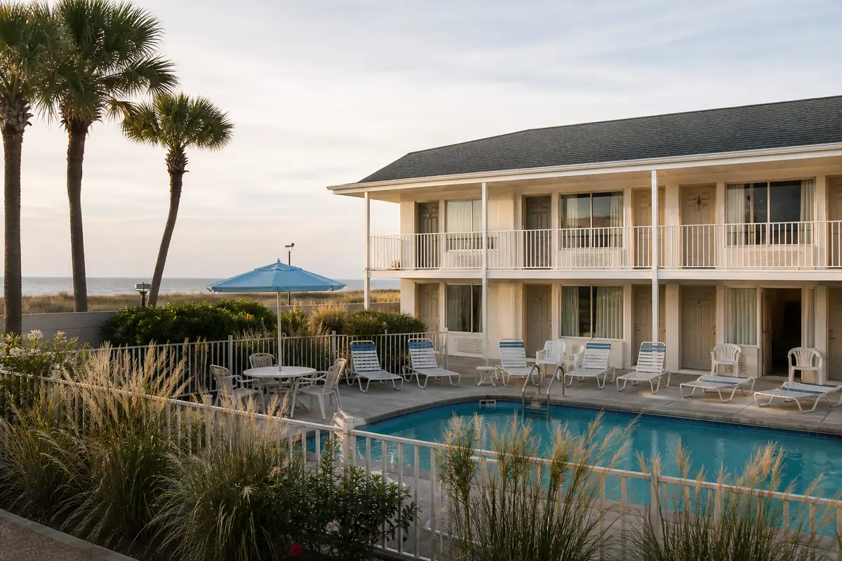 Photoreal travel-editorial view of Sundial Inn in Virginia Beach, Virginia