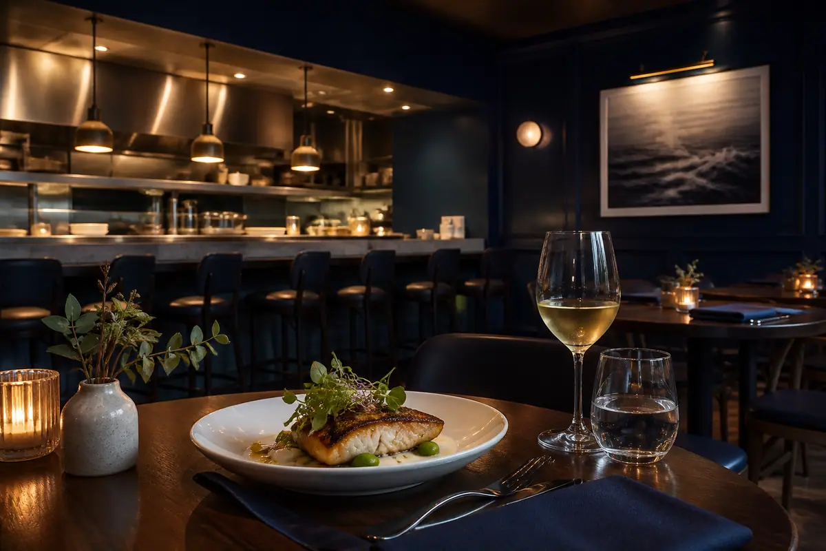Photoreal travel-editorial view of Blue Seafood & Spirits in Virginia Beach, Virginia