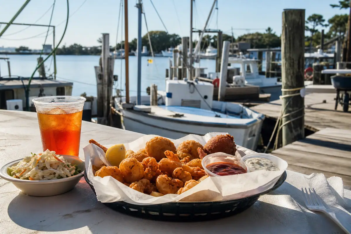 Photoreal travel-editorial view of Dockside Seafood & Fishing Center in Virginia Beach, Virginia