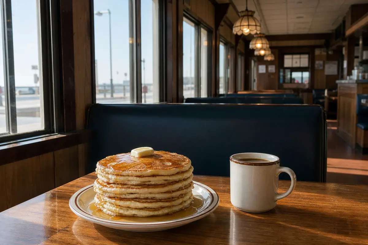Photoreal travel-editorial view of Pocahontas Pancake House in Virginia Beach, Virginia