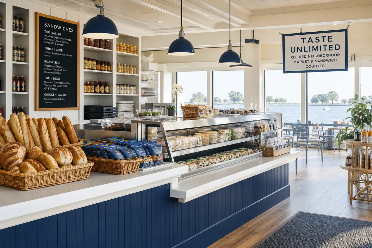 Photoreal travel-editorial view of Taste Unlimited in Virginia Beach, Virginia