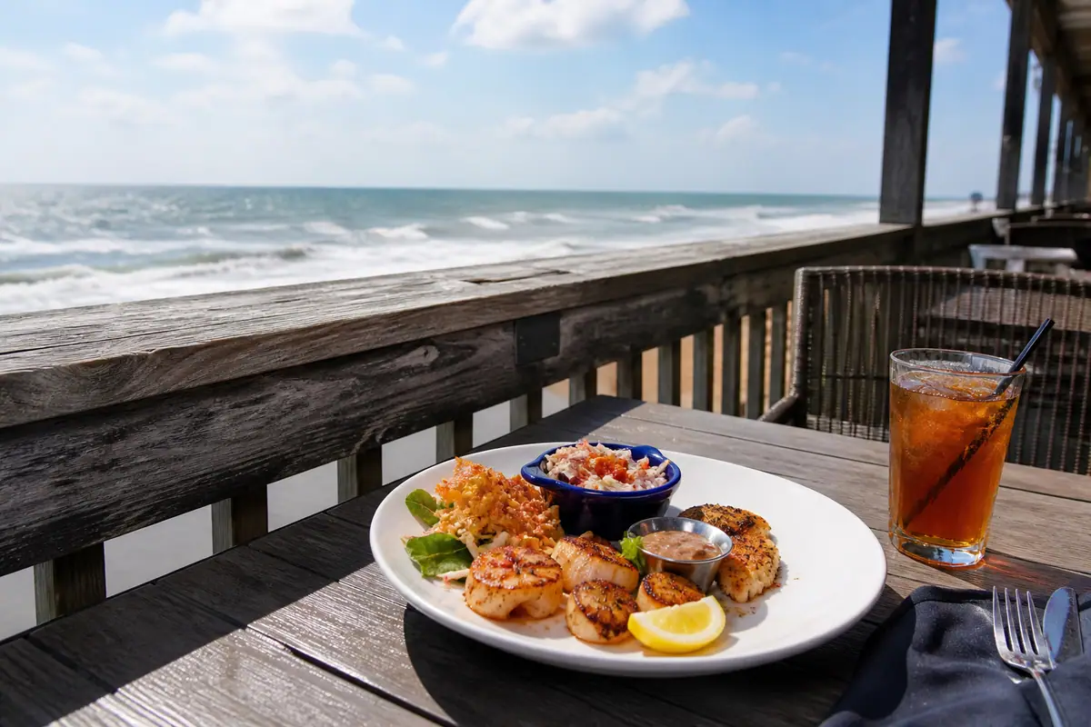 Photoreal travel-editorial view of Waterman’s Surfside Grille in Virginia Beach, Virginia