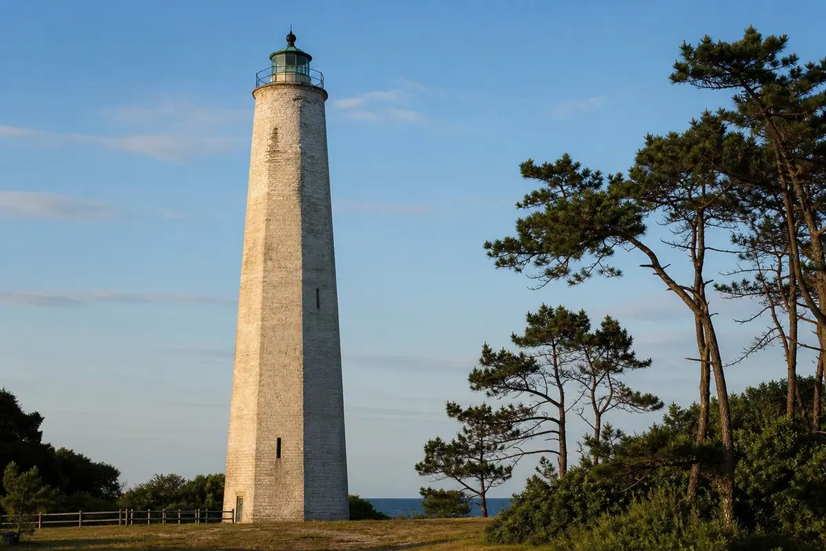 Photoreal travel-editorial view of Cape Henry Lighthouse in Virginia Beach, Virginia