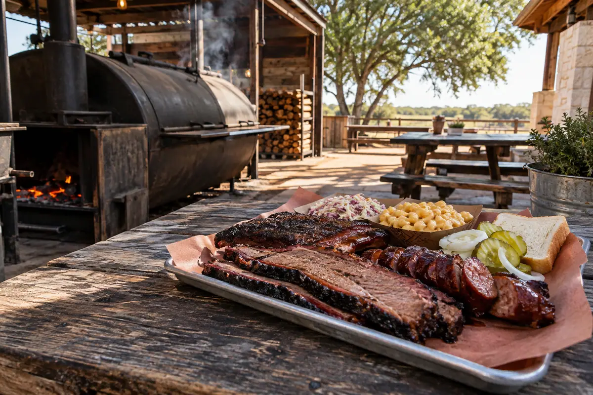 Photoreal travel-editorial view of Guess Family Barbecue in Waco, Texas