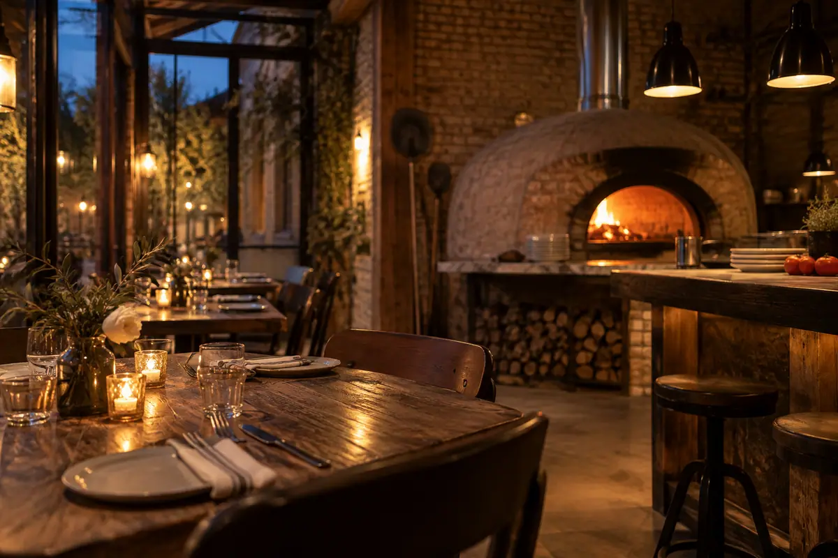 Photoreal travel-editorial view of Moroso Wood Fired Pizzeria in Waco, Texas