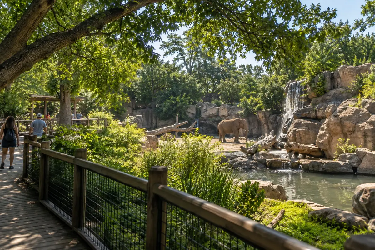 Photoreal travel-editorial view of Cameron Park Zoo in Waco, Texas