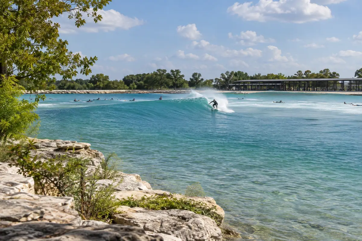 Photoreal travel-editorial view of Waco Surf in Waco, Texas