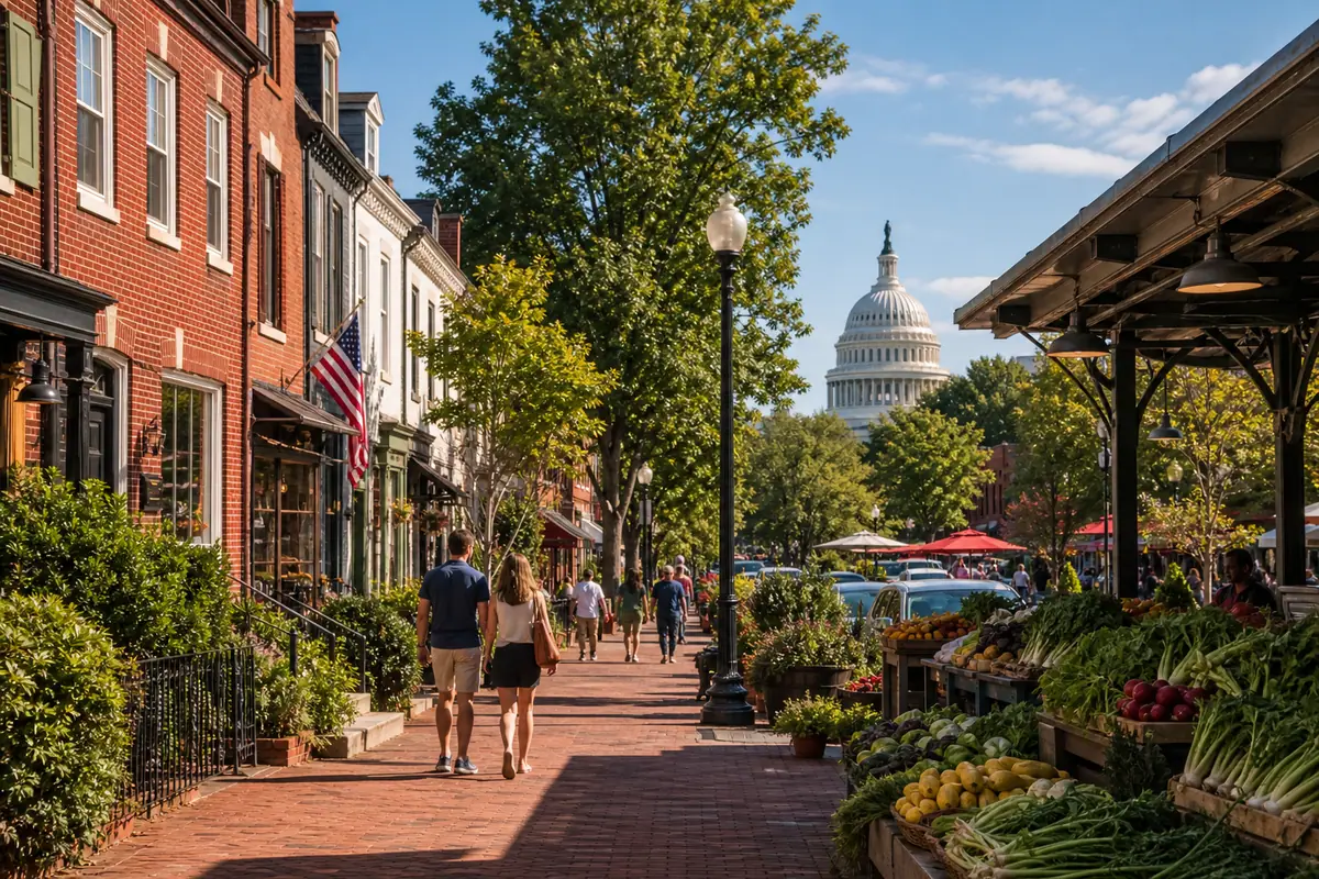 Photoreal Eastern Market and Capitol Hill walk scene representing Washington, DC