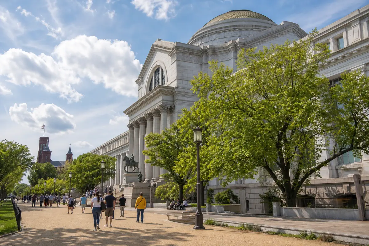 Photoreal Smithsonian museum district scene representing Washington, DC